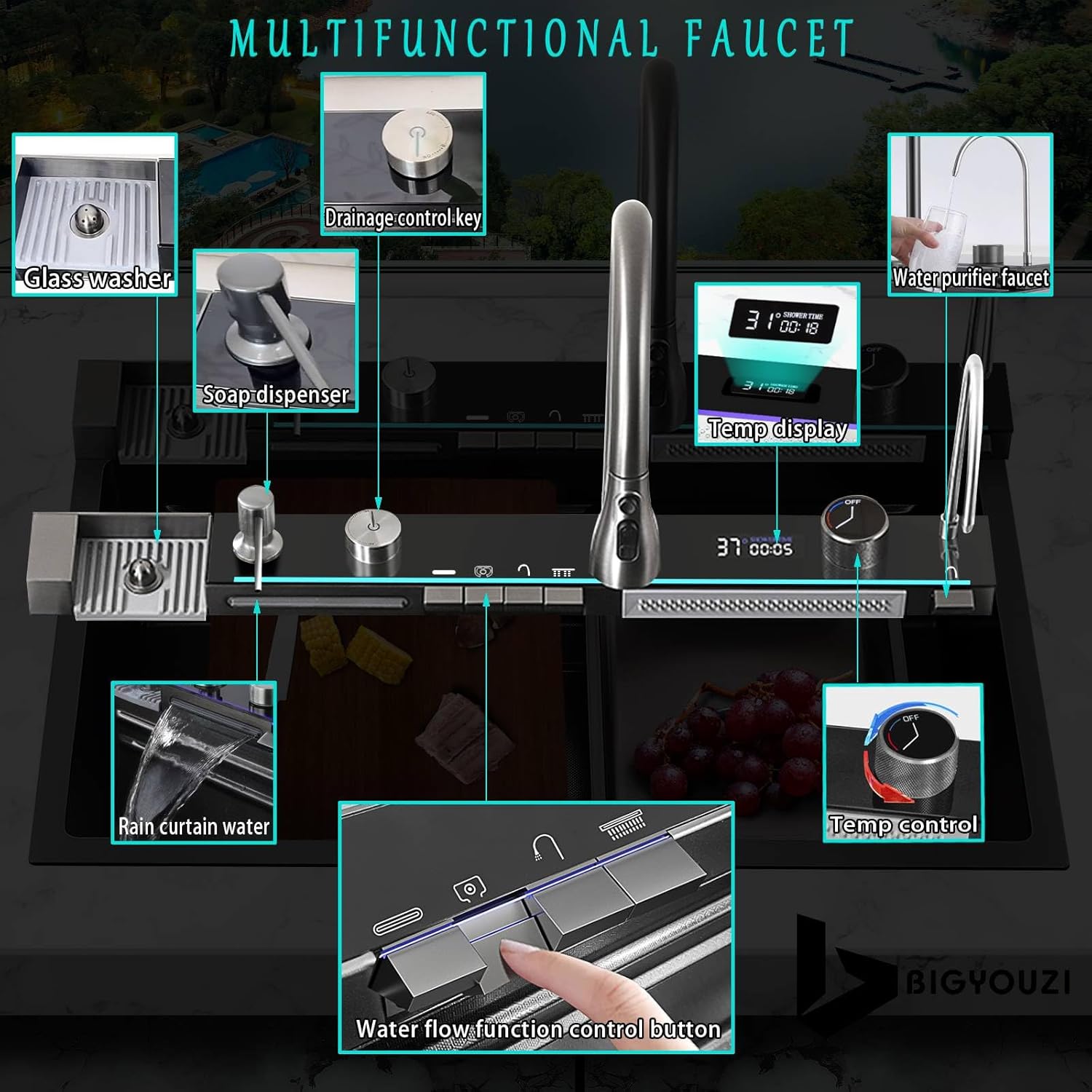 Multifunctional Waterfall Kitchen Sink Combo Stainless Steel 304 - Image 2