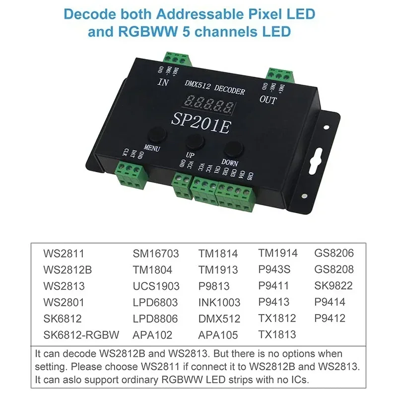 SP201E DMX512 Decoder DC 5-24V DMX Converter Controller DMX512/1990 to SPI Addressable Use for WS2811/WS2812B/WS2813/SK6812 - Image 5